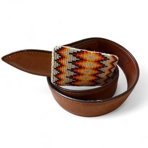 Vintage native hand beaded brown leather belt